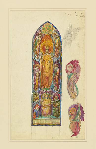 Design for window depicting Christ in majesty, Louis C. Tiffany (American, New York 1848–1933 New York), Watercolor, brown, and black ink, and graphite on paper mounted on board., American 