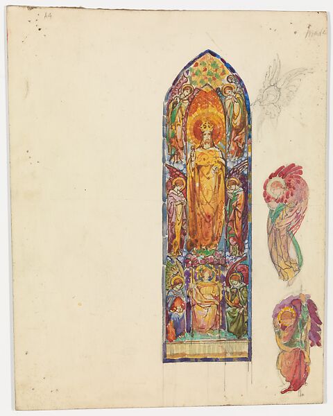Design for window, Louis C. Tiffany (American, New York 1848–1933 New York), Watercolor, brown, and black ink, and graphite on paper mounted on board., American 