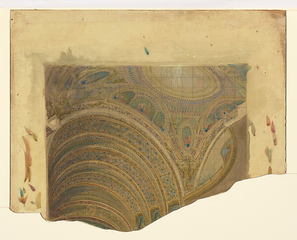 Fragment of a design for a theater, Louis C. Tiffany (American, New York 1848–1933 New York), Transparent and possibly opaque watercolor, graphite, and metallic paint on transparent paper mounted on artist board with original mat (removed during treatment), American