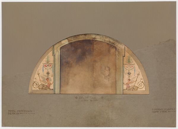 Design for lunette for Palm Room, Hotel Jefferson, Peoria, Louis C. Tiffany (American, New York 1848–1933 New York), Watercolor, pen and black inks, and graphite on artist board with original window mat, American 