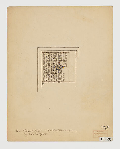 Design for "Two - Wirework Screen - Drawing Room windows __ Mr. Chas G. Moller", Louis C. Tiffany (American, New York 1848–1933 New York), Ink, graphite, and watercolor on paper mounted on board, American