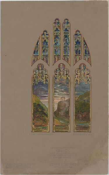 Suggestion for window, the three crosses on Calvary, All Saints' Church, Atlanta, Georgia, Louis C. Tiffany (American, New York 1848–1933 New York), Watercolor, ink, and graphite on artist board in original shaped matt, American