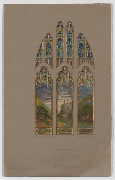 Suggestion for window, the three crosses on Calvary, All Saints' Church, Atlanta, Georgia, Louis C. Tiffany (American, New York 1848–1933 New York), Watercolor, ink, and graphite on artist board in original shaped matt, American 