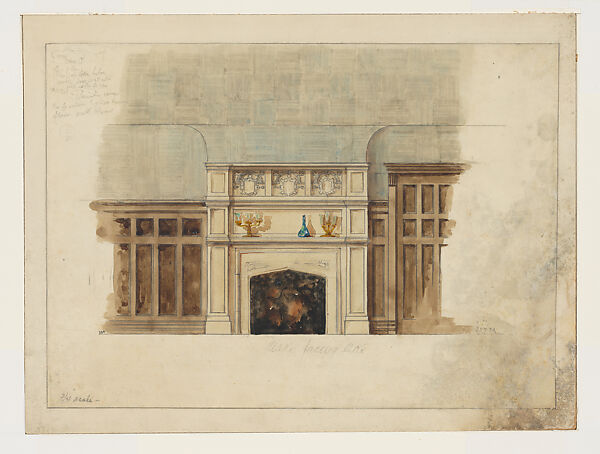 Design for interior fireplace wall, Louis C. Tiffany (American, New York 1848–1933 New York), Watercolor, graphite, and ink on tissue mounted on board., American