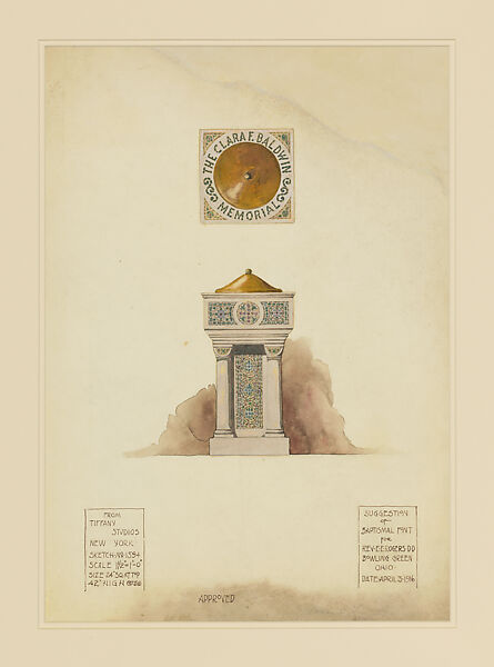 Suggestion of baptismal font for Rev. E.E. Rogers, D.D, Bowling Green, Ohio, Louis C. Tiffany (American, New York 1848–1933 New York), Watercolor, graphite, and brown ink on paper mounted on board., American 