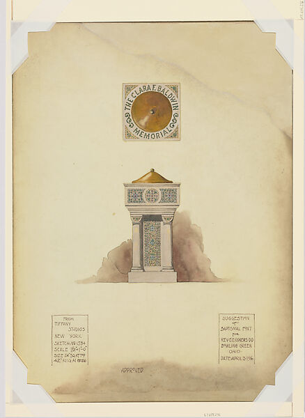 Suggestion of baptismal font for Rev. E.E. Rogers, D.D, Bowling Green, Ohio, Louis C. Tiffany (American, New York 1848–1933 New York), Transparent and opaque watercolor, ink, and graphite on paper mounted on paper board., American