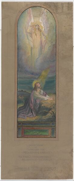 Design for window, Louis C. Tiffany (American, New York 1848–1933 New York), Watercolor, gouache, black ink, and graphite on paper mounted on board in original shaped matt, American 