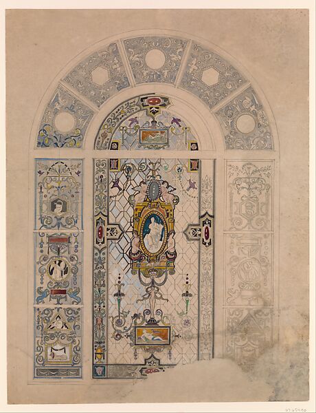 Design for window, Louis C. Tiffany (American, New York 1848–1933 New York), Watercolor, pen and inks, and graphite on artist board, American 