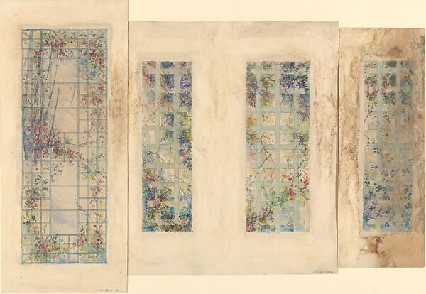 Four designs for a skylight, Louis C. Tiffany (American, New York 1848–1933 New York), Transparent and opaque watercolor and graphite on wove paper (original presentation mat missing), American