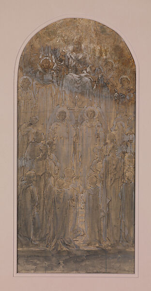 Design for single mosaic panel for "Te Deum Laudamus" triptych, Frederick Wilson (American (born Ireland), Dublin 1858–1932 Los Angeles, California), Brown wash, white gouache, and graphite on paper mounted on board in original matt, American 