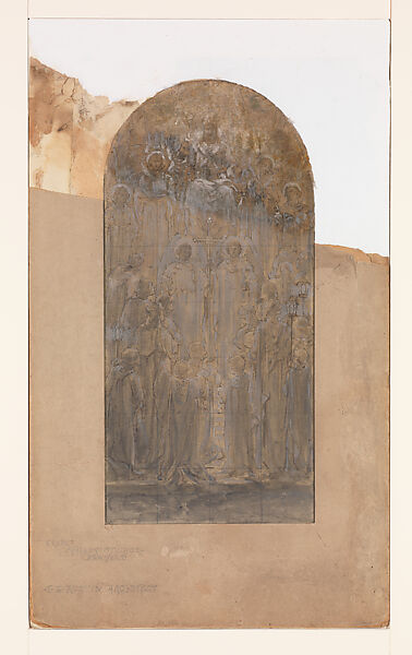Design for single mosaic panel for "Te Deum Laudamus" triptych, Louis C. Tiffany (American, New York 1848–1933 New York), Brown wash, white gouache, and graphite on paper mounted on board in original mat, American