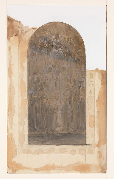Design for single mosaic panel for "Te Deum Laudamus" triptych, Louis C. Tiffany (American, New York 1848–1933 New York), Brown wash, white gouache, and graphite on paper mounted on board in original mat, American