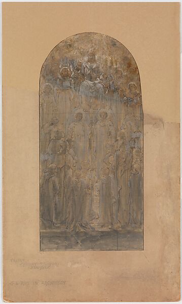 Design for single mosaic panel for "Te Deum Laudamus" triptych, Louis C. Tiffany (American, New York 1848–1933 New York), Brown wash, white gouache, and graphite on paper mounted on board in original mat, American