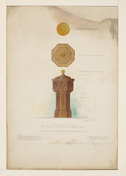 "Baptismal Font With Cover, for Presbyterian Church, Kingston, Pennsylvania", Louis C. Tiffany (American, New York 1848–1933 New York), Transparent and opaque watercolor, and graphite on paper mounted on paperboard, American