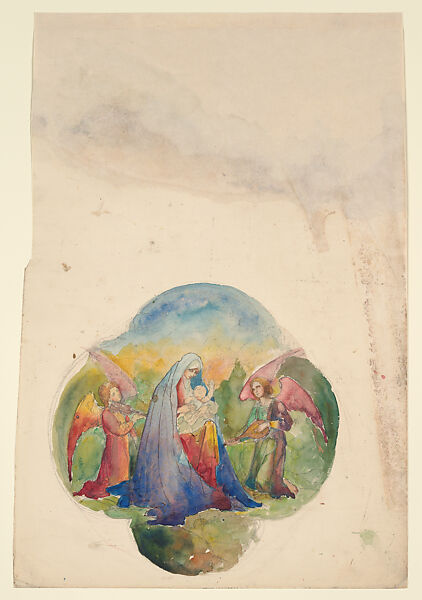 Design for quatrefoil window, Madonna and child with angels, Louis C. Tiffany (American, New York 1848–1933 New York), Transparent and opaque watercolor, and graphite on paper, American