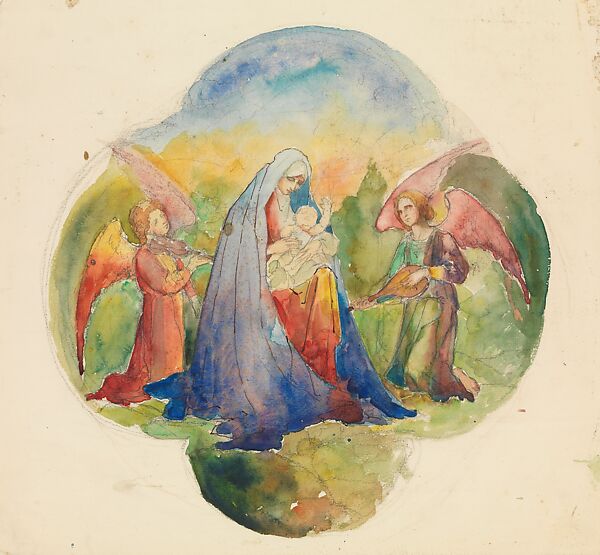 Design for quatrefoil window, Madonna and child with angels, Louis C. Tiffany (American, New York 1848–1933 New York), Transparent and opaque watercolor, and graphite on paper, American