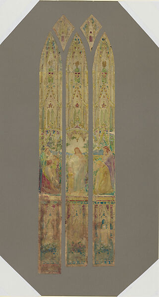 Christ blessing children, Brown memorial window, Westminster Moriah Olivet Presbyterian Church, Utica, New York, Louis C. Tiffany (American, New York 1848–1933 New York), Watercolor, gouache, and graphite on silver-based photograph, collaged, on printing-out-paper, off-white wove paper and warm grey mat board secondary support, American