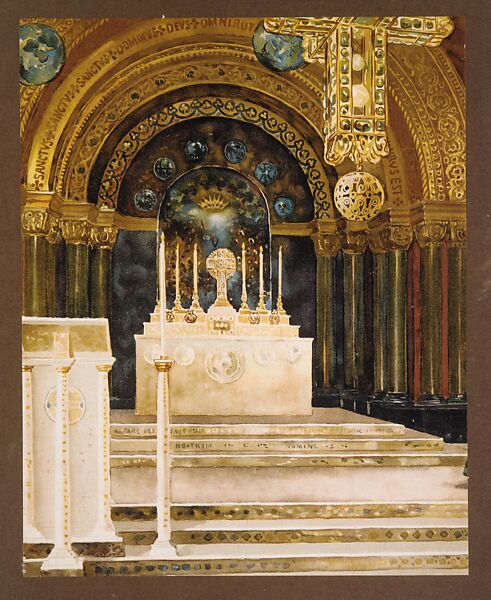 Chapel interior, Louis C. Tiffany (American, New York 1848–1933 New York), Watercolor on paper, American