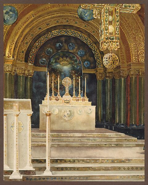 Chapel interior, Louis C. Tiffany (American, New York 1848–1933 New York), Watercolor on paper, American 