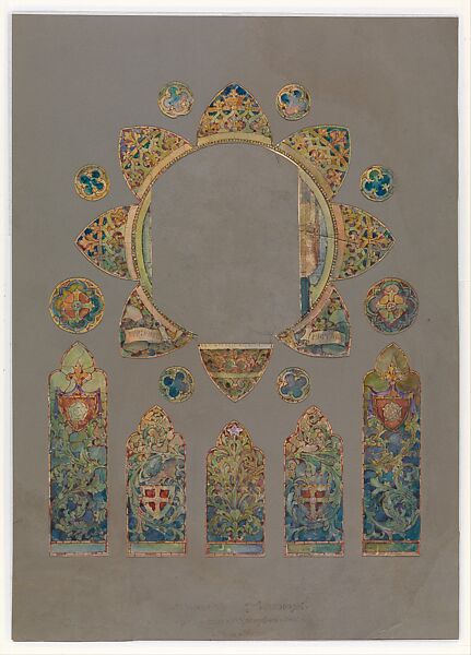 Design for a stained glass window, Louis C. Tiffany (American, New York 1848–1933 New York), Watercolor, gouache, pen and red ink, and graphite on off-white lightweight Bristol board cut into shapes: five vertical lights; one large rosette; and eight circles mounted on original grey paper-faced matt, American 