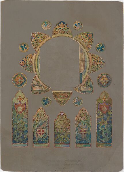 Design for a rose window with armorial motifs, Louis C. Tiffany (American, New York 1848–1933 New York), Watercolor, gouache, pen and red ink, and graphite on off-white lightweight Bristol board cut into shapes: five vertical lights; one large rosette; and eight circles mounted on original grey paper-faced matt, American