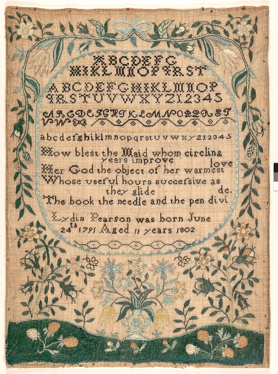 Embroidered sampler, Lydia Pearson (born 1791), Embroidered silk on linen, American 