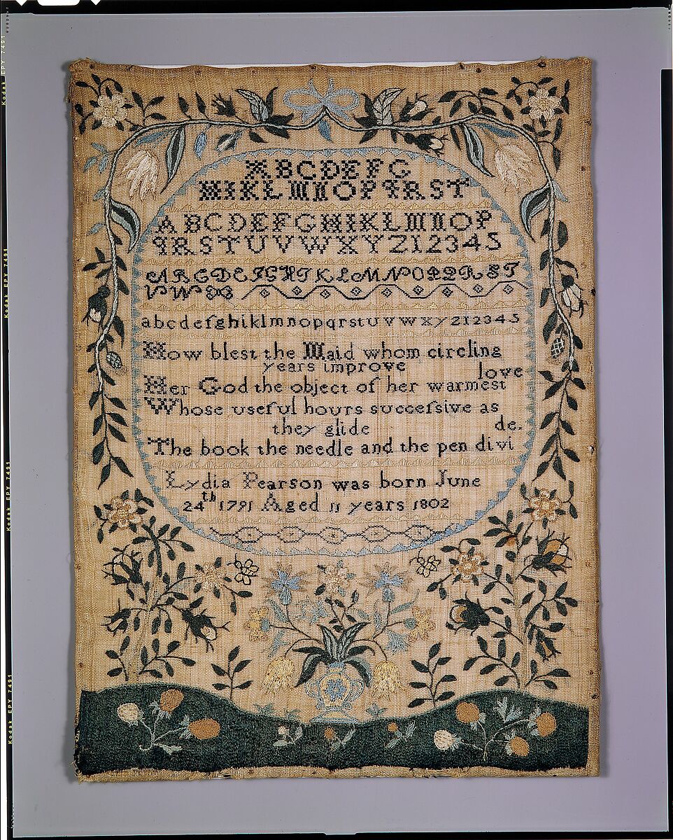 Sampler, Lydia Pearson (born 1791), Silk embroidery on linen, American