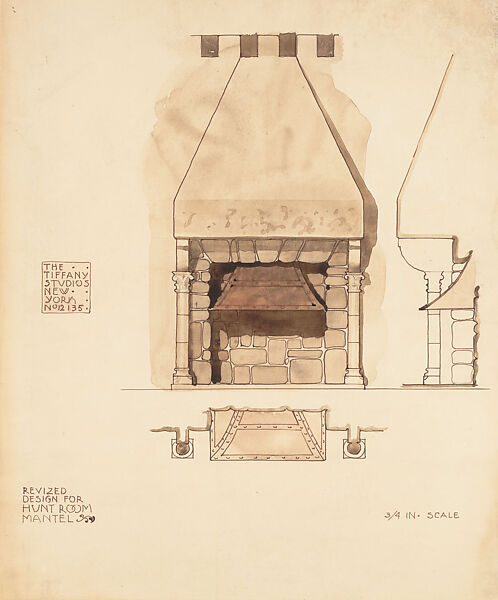 Revized Design For Hunt Room Mantel, Louis C. Tiffany (American, New York 1848–1933 New York), Watercolor, pen and brown inks, and graphite on artist board paper, American 