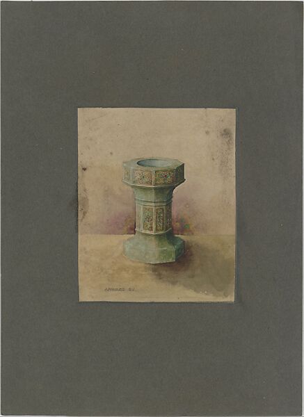 Design for baptismal font, Louis C. Tiffany (American, New York 1848–1933 New York), Watercolor and graphite on paper mounted on board, American 