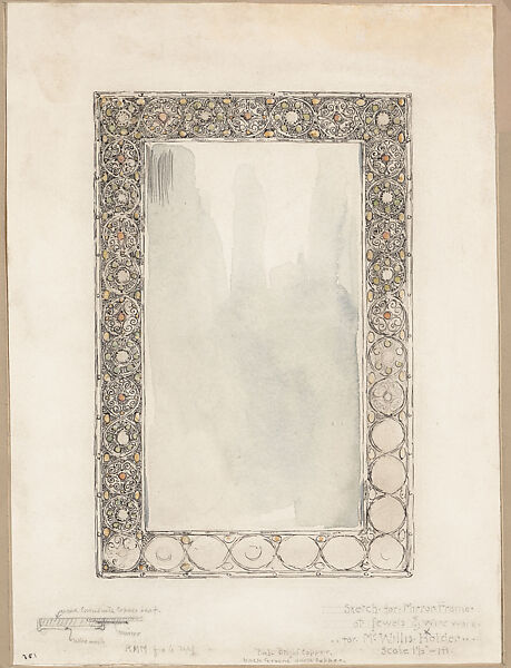 Sketch for Mirror Frame of Jewels & Wirework, Louis C. Tiffany (American, New York 1848–1933 New York), Watercolor, pen and black India ink, and graphite on white watercolor paper in warm grey original window matt, American 