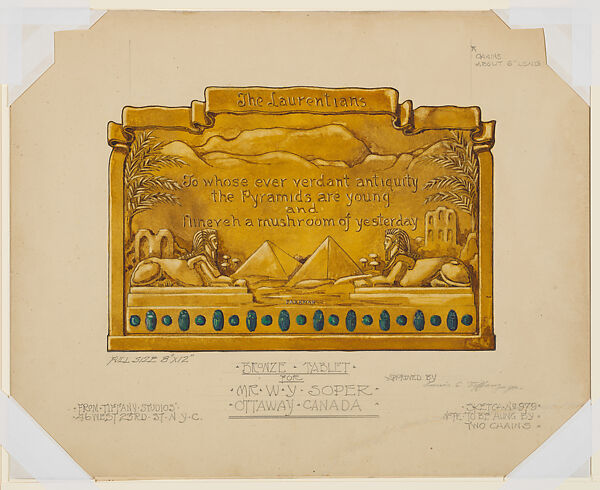 Design for a Bronze Tablet for Mr. W.Y. Soper, Ottaway, Canada, Louis C. Tiffany (American, New York 1848–1933 New York), Transparent and opaque watercolor and graphite on mat board, American