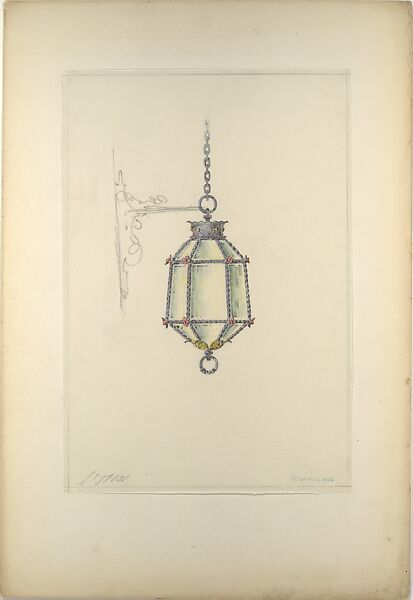 Design for hanging light fixture, Louis C. Tiffany (American, New York 1848–1933 New York), Colored pencil, gouache, graphite, and blue green ink stamp on off-white tracing paper on paper board, American 