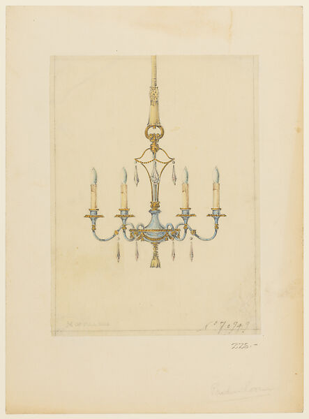 Design for chandelier, Louis C. Tiffany (American, New York 1848–1933 New York), Colored crayon, watercolor, and graphite on tissue paper mounted on board, American