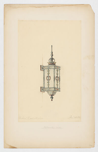 Design for wall-mounted lantern, Louis C. Tiffany (American, New York 1848–1933 New York), Colored crayon and graphite on tissue paper mounted on board, American 