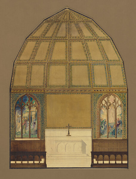 Design for Chancel,  All Saints' Episcopal Church,  Atlanta, Georgia, Louis C. Tiffany (American, New York 1848–1933 New York), Transparent and opaque watercolor, ink, and graphite on paper mounted on paperboard, American