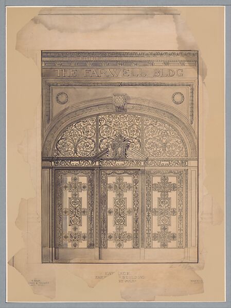 Desing for entrance, Farwell Building, Detroit, Michigan, Louis C. Tiffany (American, New York 1848–1933 New York), Black ink and graphite with watercolor and compass construction on wove paper, mounted on illustration board, American