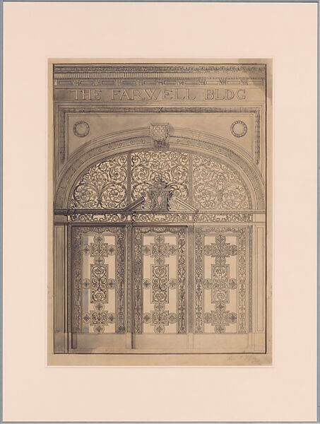 Entrance, Farwell Building, Detroit, Louis C. Tiffany (American, New York 1848–1933 New York), Black ink and graphite with watercolor and compass construction on wove paper, mounted on illustration board, American 