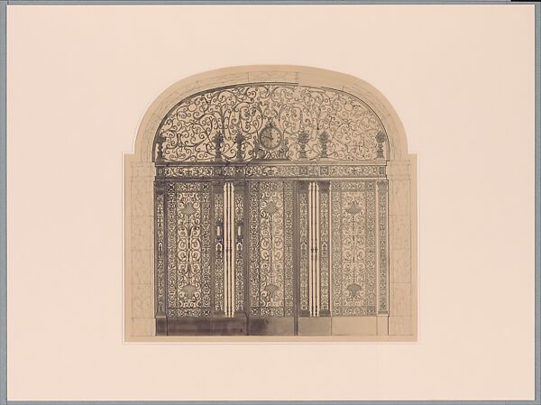 Elevator Screen, Farwell Building, Detroit, Louis C. Tiffany (American, New York 1848–1933 New York), Black ink and graphite with watercolor and compass construction on wove paper, mounted on illustration board, American 