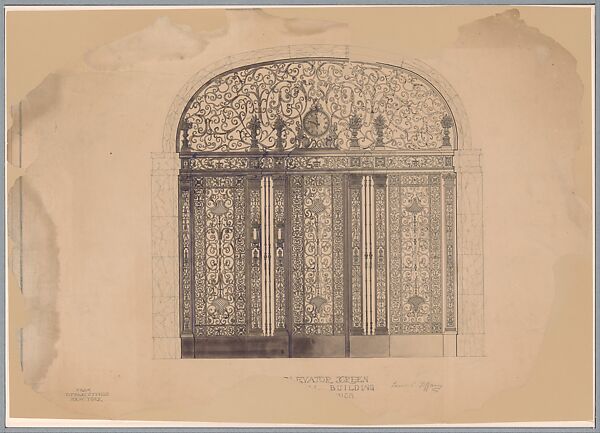 Elevator Screen, Farwell Building, Detroit, Louis C. Tiffany (American, New York 1848–1933 New York), Black ink and graphite with watercolor and compass construction on wove paper, mounted on illustration board, American