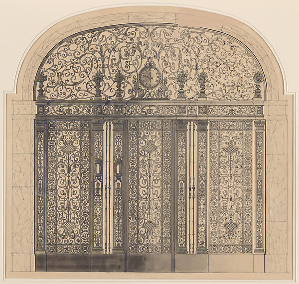 Elevator Screen, Farwell Building, Detroit, Louis C. Tiffany (American, New York 1848–1933 New York), Black ink and graphite with watercolor and compass construction on wove paper, mounted on illustration board, American