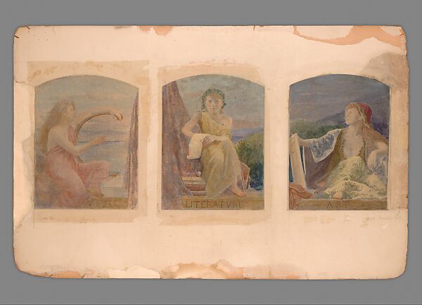 Suggestion for Three Upper Windows in Large Hall for Residence of Mr. T. Eaton, Toronto, Canada, Louis C. Tiffany (American, New York 1848–1933 New York), Gouache and watercolor on transparent paper over photograph collage (probably gelatin silver print) mounted on artist’s board with graphite; original mat, American