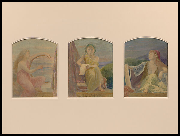 Suggestion for Three Upper Windows in Large Hall for Residence of Mr. T. Eaton, Toronto, Canada, Louis C. Tiffany (American, New York 1848–1933 New York), Gouache and watercolor on transparent paper over photograph collage (probably gelatin silver print) mounted on artist’s board with graphite; original mat, American 