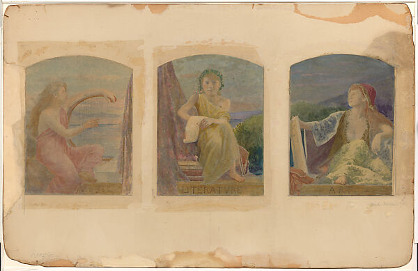 Suggestion for Three Upper Windows in Large Hall for Residence of Mr. T. Eaton, Toronto, Canada, Louis C. Tiffany (American, New York 1848–1933 New York), Gouache and watercolor on transparent paper over photograph collage (probably gelatin silver print) mounted on artist’s board with graphite; original mat, American