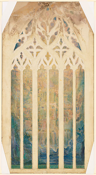 Design for Heavenly City window, Louis C. Tiffany (American, New York 1848–1933 New York), Transparent and opaque watercolor and graphite on artist board with original mat, American