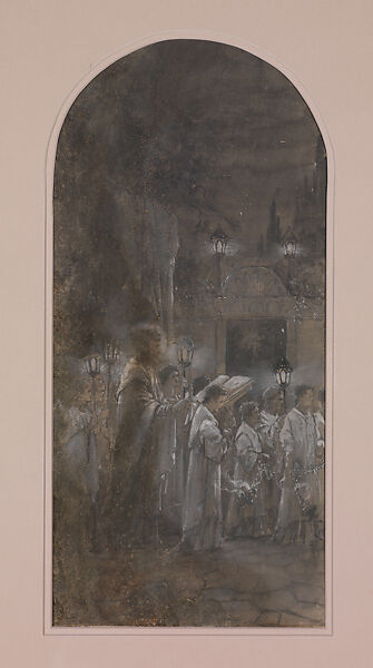 Design for single mosaic panel for "Te Deum Laudamus" triptych, Frederick Wilson (American (born Ireland), Dublin 1858–1932 Los Angeles, California), Watercolor and gouaches on sketching board, with fragment of original mat, American 