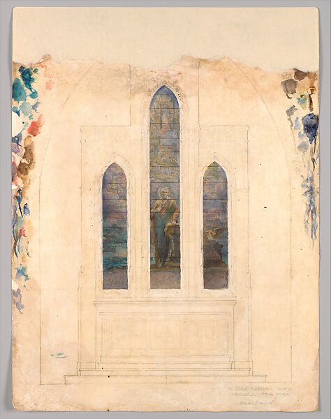 Design for triple lancet window for St. John's Episcopal Church, Cornwall, New York, Frederick Wilson (American (born Ireland), Dublin 1858–1932 Los Angeles, California), Watercolor, gouache, and graphite on paper, American 