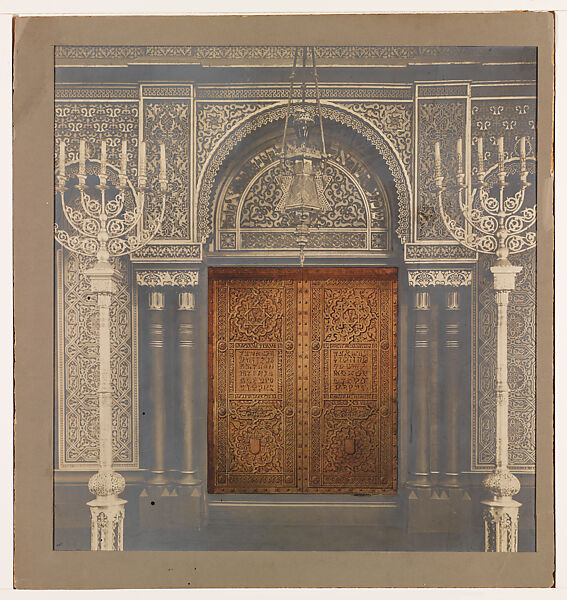 Design for Ark Doors, Temple Emanu-El, New York, Louis C. Tiffany (American, New York 1848–1933 New York), Silver gelatin print with brown ink and graphite on wove paper mounted on board in original warm grey window mat, American