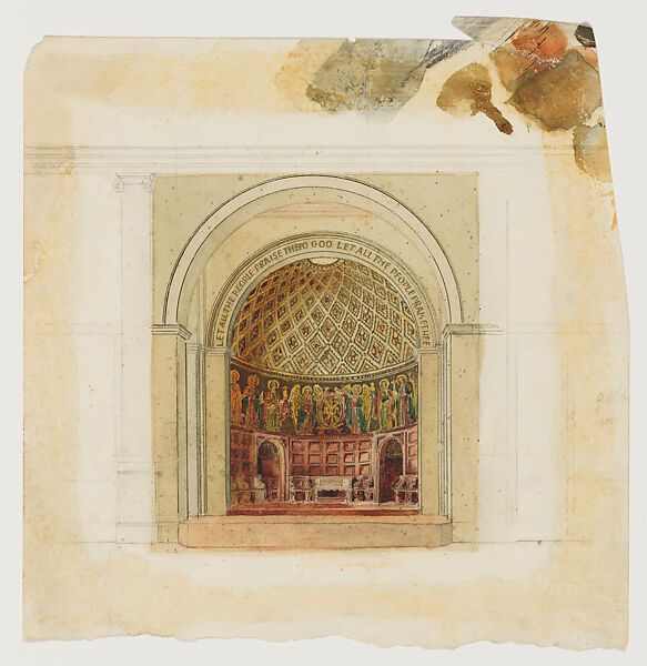Design for Church Interior, Louis C. Tiffany (American, New York 1848–1933 New York), Watercolor and pen on paper mounted on board in original mat, American
