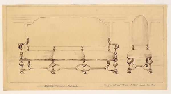 Design for furniture, Louis C. Tiffany (American, New York 1848–1933 New York), Pen and brown ink, and graphite on tracing paper, American 