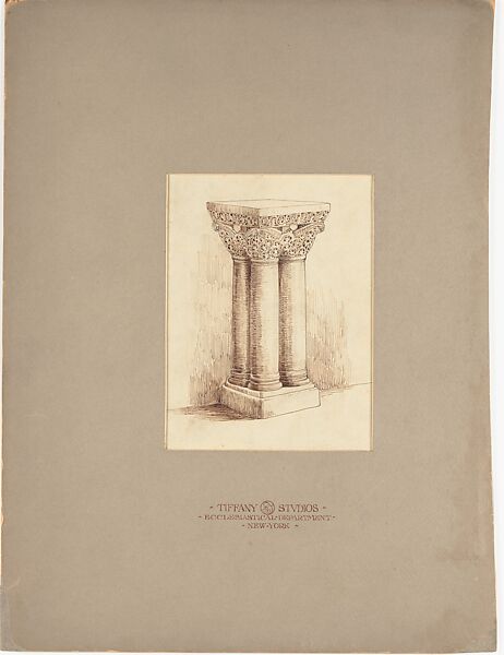 Design for pedestal, Louis C. Tiffany (American, New York 1848–1933 New York), Pen and brown ink, and graphite on artist board with original warm grey window mat, American